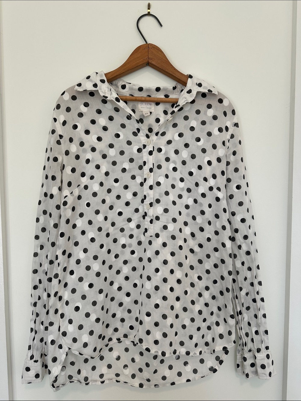 J Crew Women's Polka Dot Button-Front Shirt - White with Black Dots